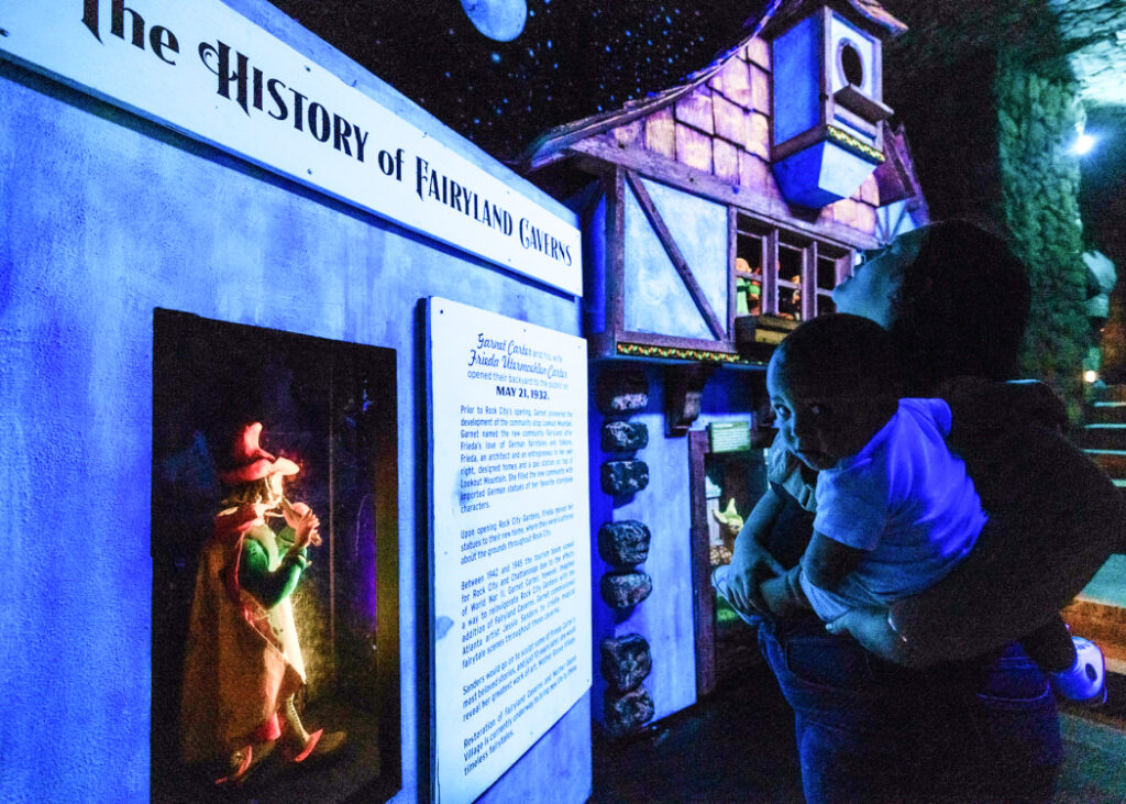 Whimsical scenes in Fairyland Caverns, a highlight of kid-friendly hiking trails with views in Chattanooga.