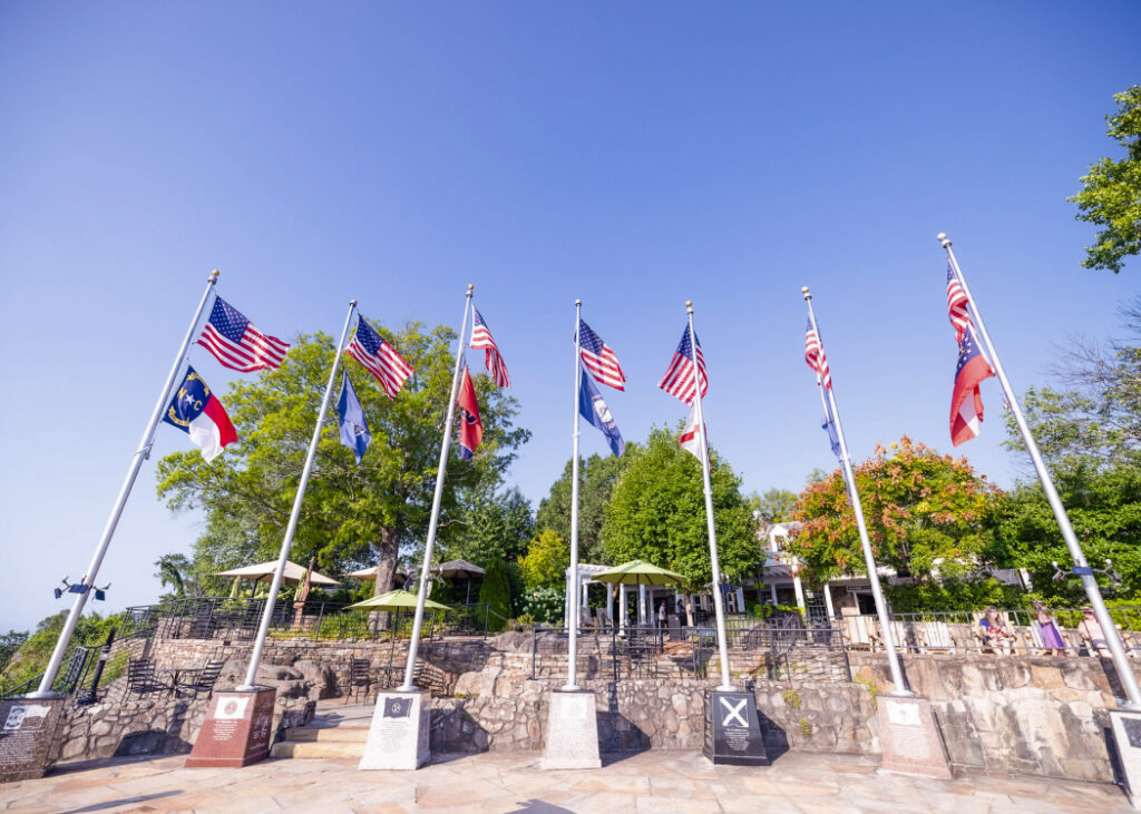 Lover's Leap featuring the state flags of the seven states that can be seen from this scenic kid-friendly hiking trail.