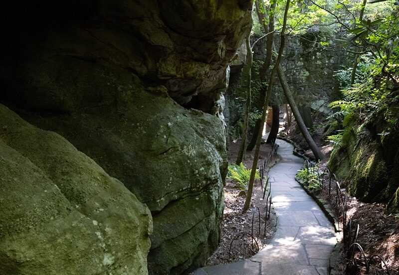 Exploring the Enchanted Trail at Rock City, one of the best kid-friendly hiking trails with views on Lookout Mountain.