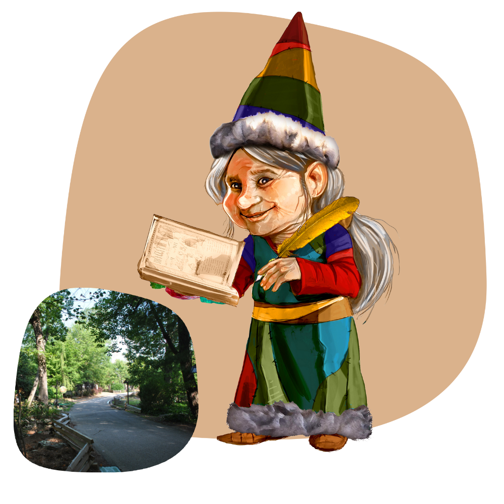 Fable the gnome holding a book.